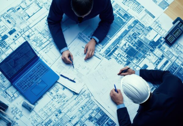 architects-brainstorming-blueprints-with-laptop-hardhat architects-brainstorming-blueprints-with-laptop-hardhat